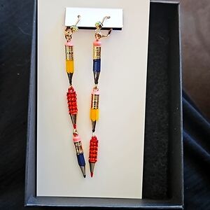 NWT Betsey Johnson BACK TO SCHOOL Gold Tone CZ Stones Pencils Drop Earrings